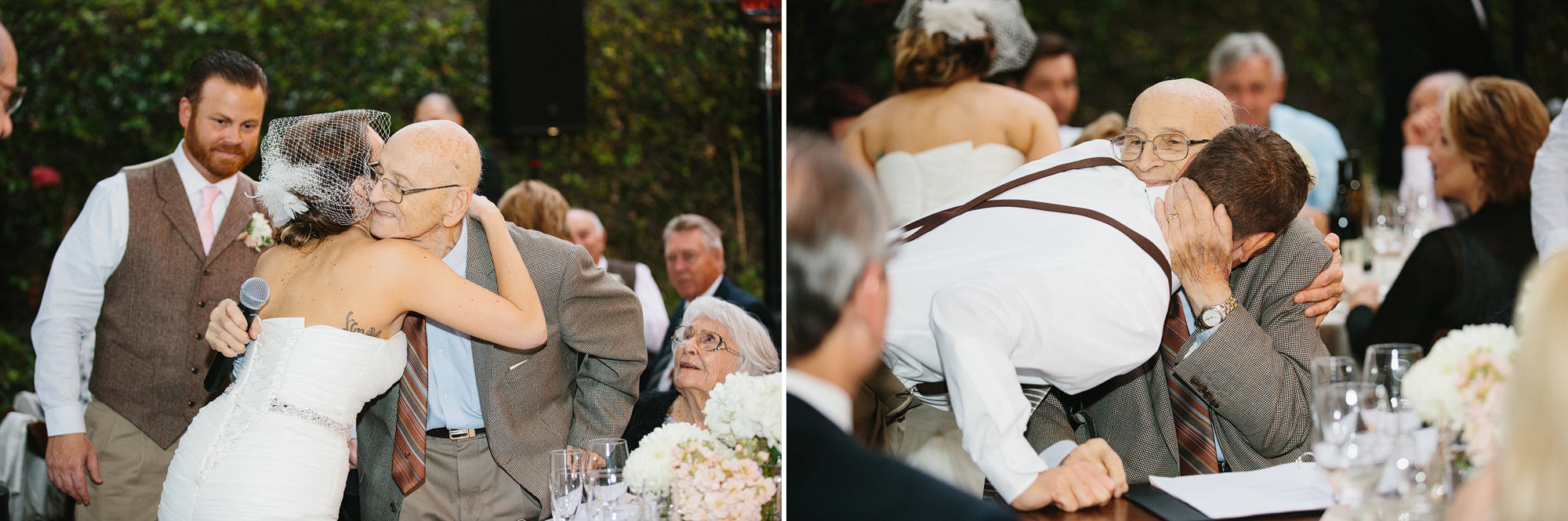 The bride and groom hugging their grandfather. 