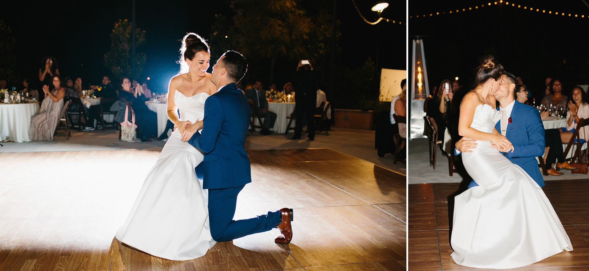 The groom got on one knee at the end of the first dance and kissed the bride. 