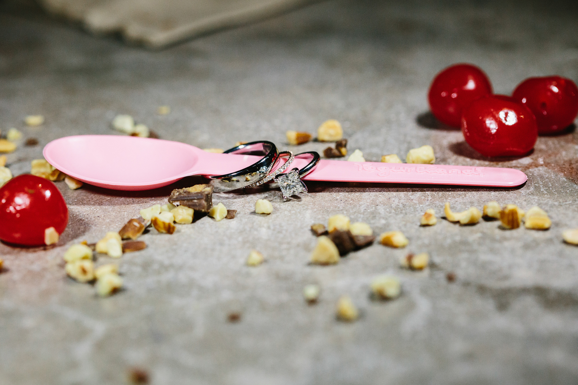 Here is a photo of the wedding rings on a Yogurtland spoon. 