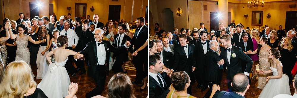 The bride and groom dancing with her dad. 