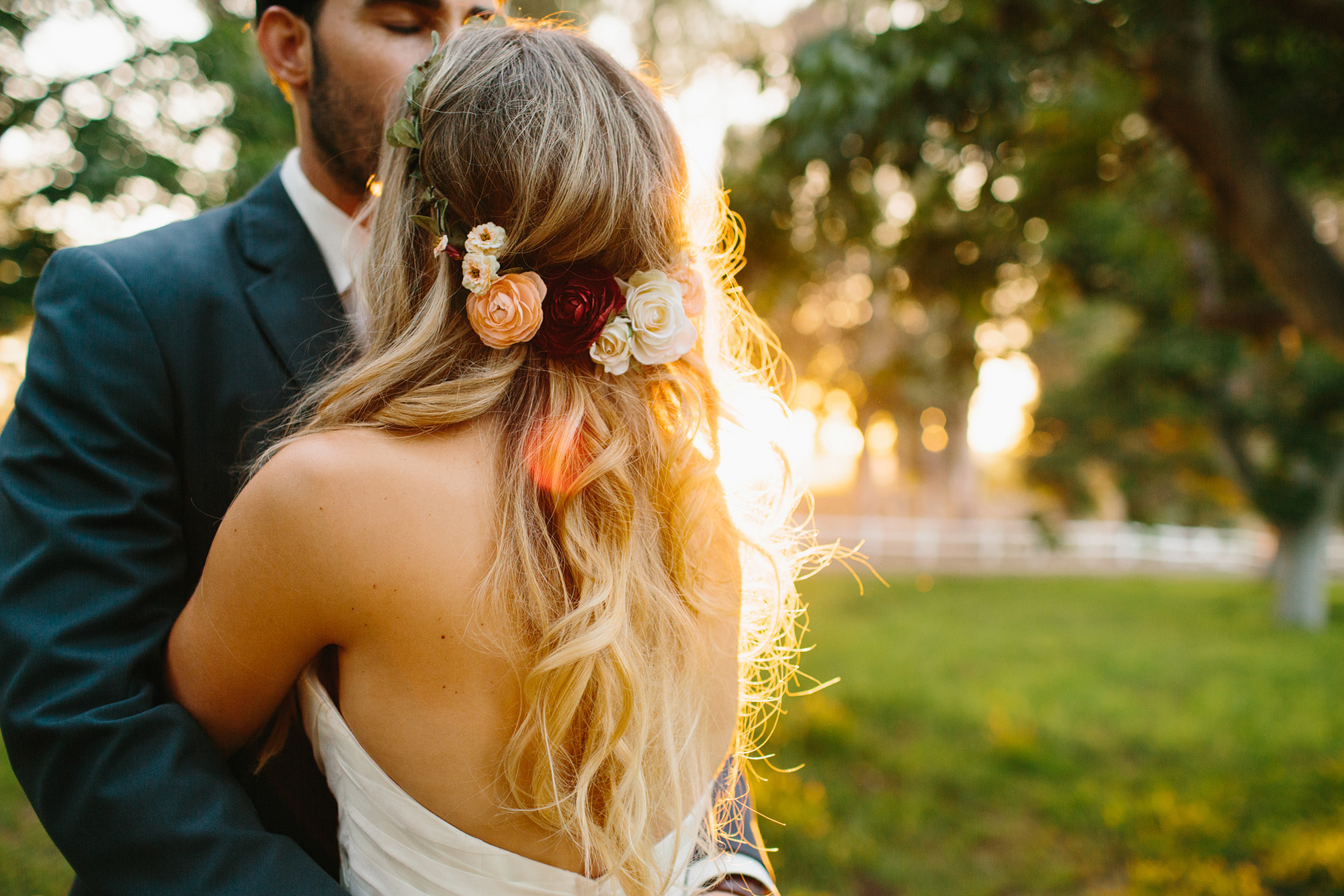 The bride wore a flower crown during the reception. 