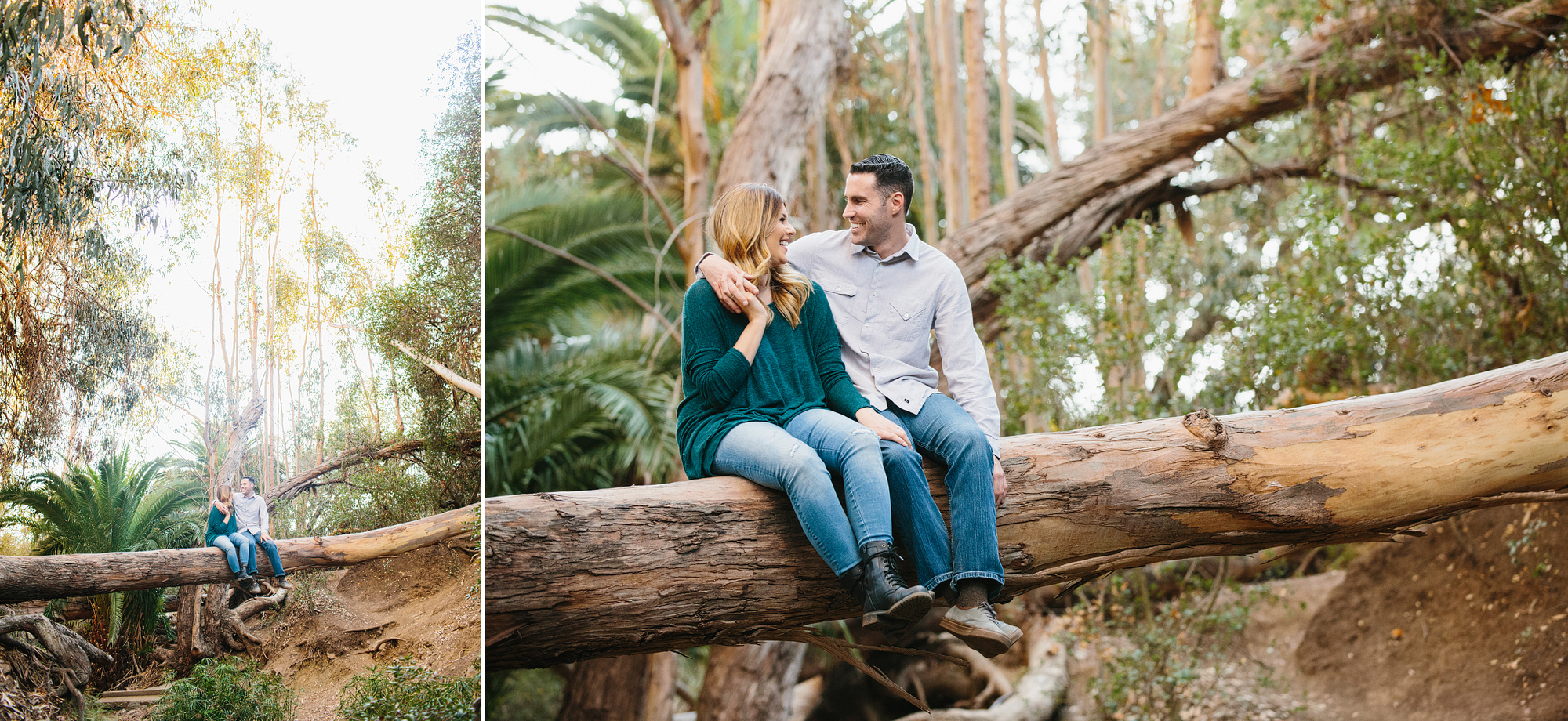 Nikki and Derrick sitting on a fallen log. 