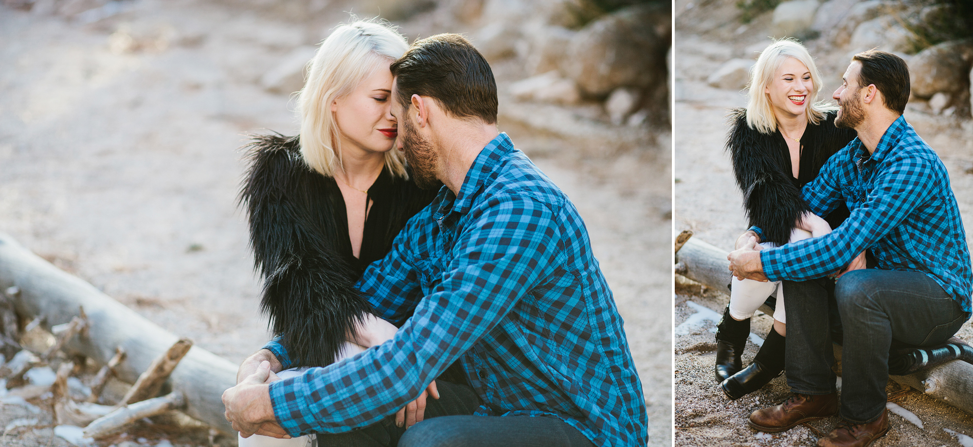 The couple sitting on a piece of wood. 