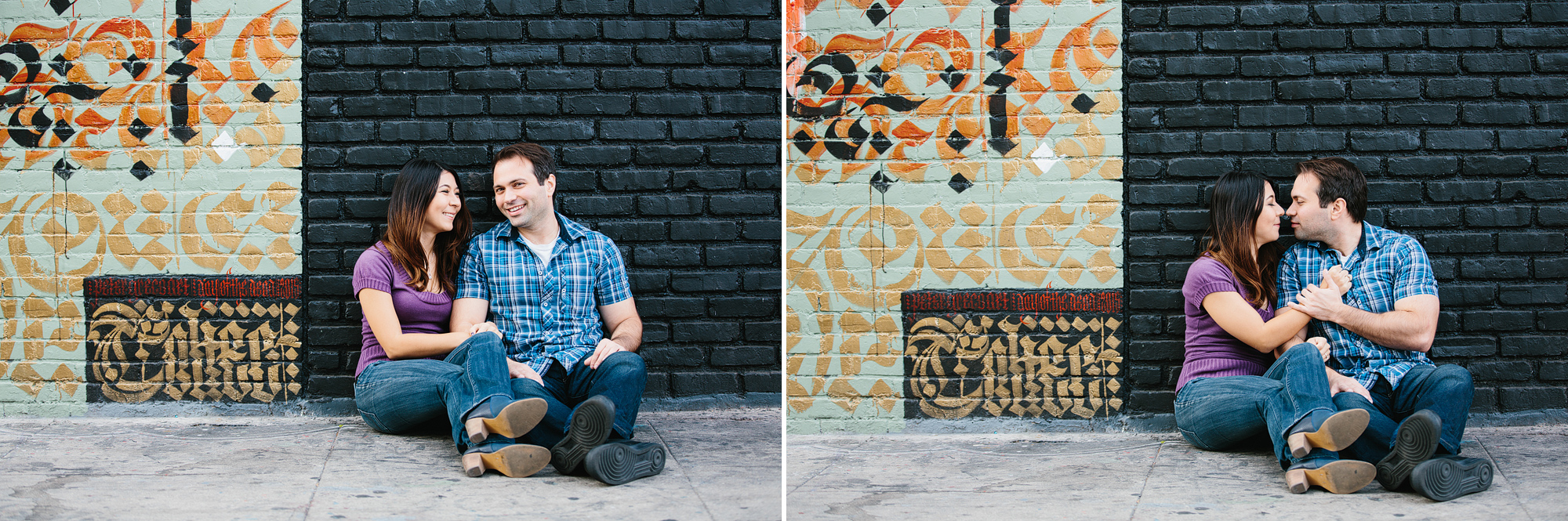 Janice and Mike sitting in front of a black brick wall. 