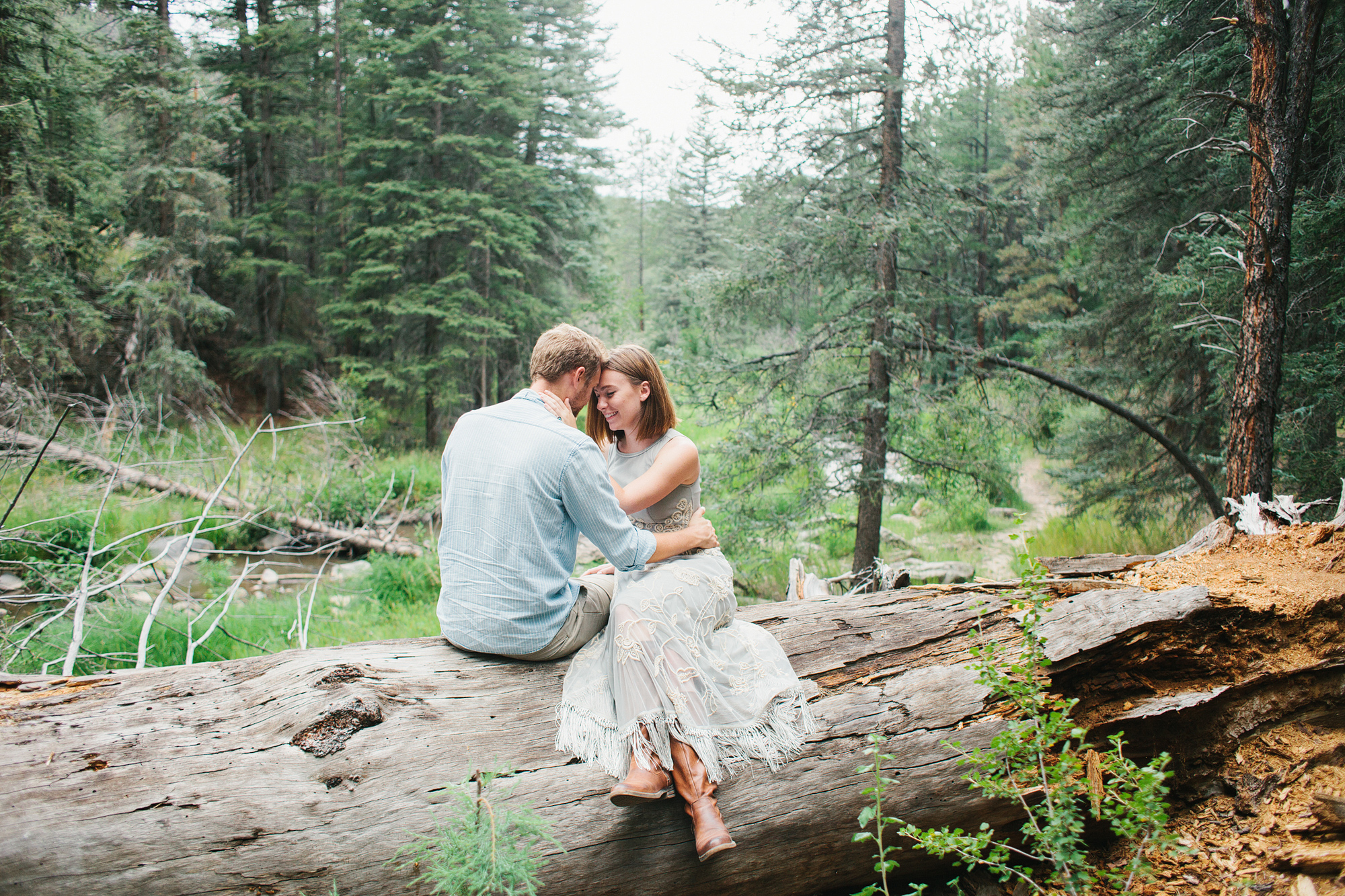 A photo with the tall trees behind the couple. 